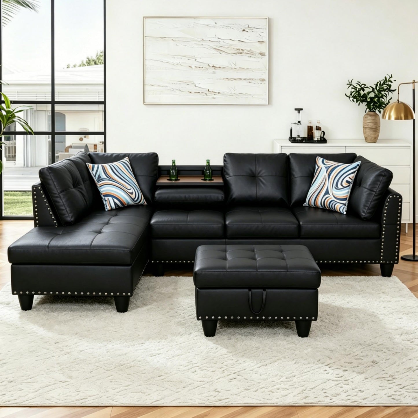 Trygoal 97.5" Leather L Shaped Couch with Left Chaise & Cup Holder, Sectional Sofas Modular Furniture Set with Storage Ottoman, Convertible Couches for Living Room, Small Space & Office (Black)