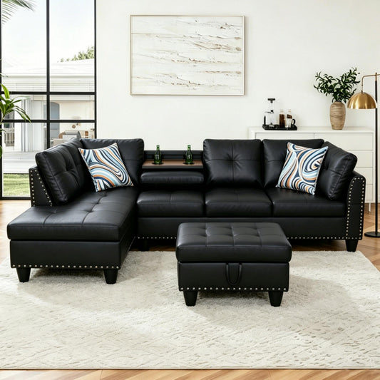 Trygoal 97.5" Leather L Shaped Couch with Left Chaise & Cup Holder, Sectional Sofas Modular Furniture Set with Storage Ottoman, Convertible Couches for Living Room, Small Space & Office (Black)