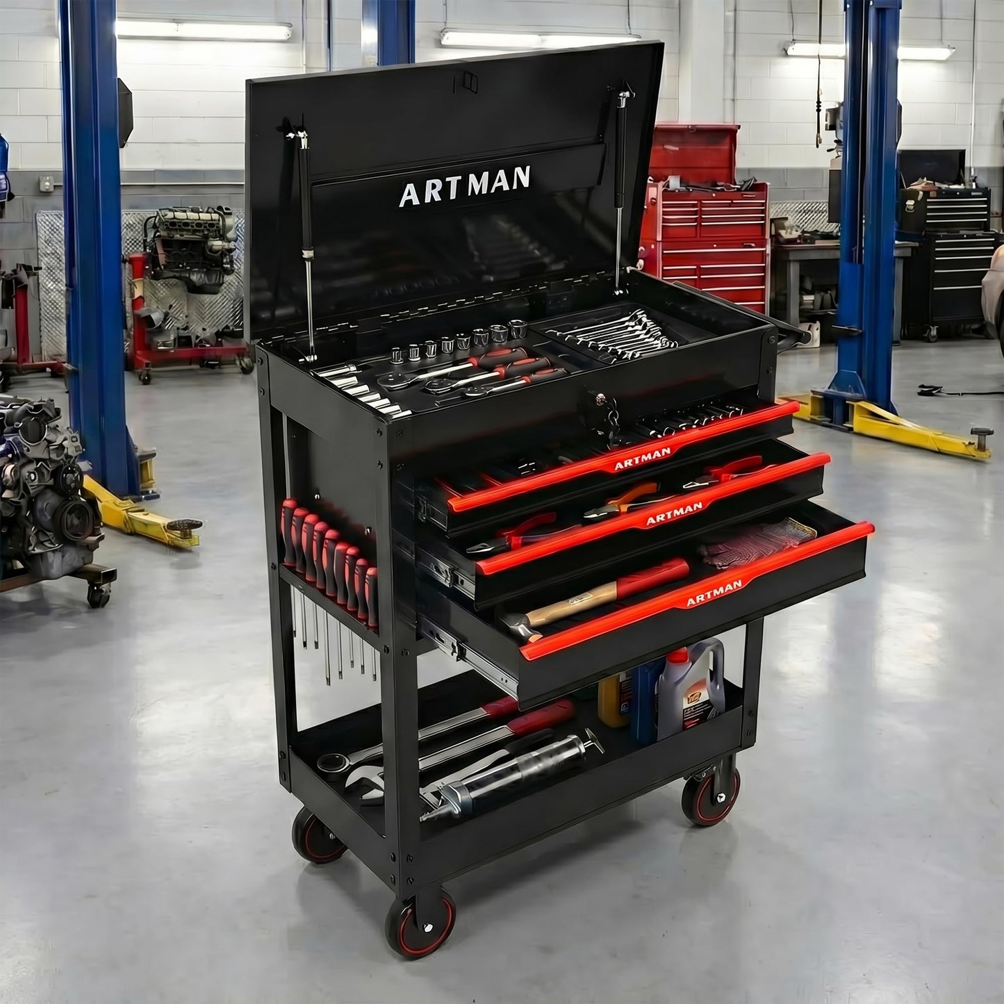 KEIKI 3-Drawer Rolling Tool Cart with Lift-Up Steel Top, Utility Tool Box, Multi-Functional Tool Storage Organizer Cabinet for Garage, Warehouse, Workshop, Repair Shop, Black