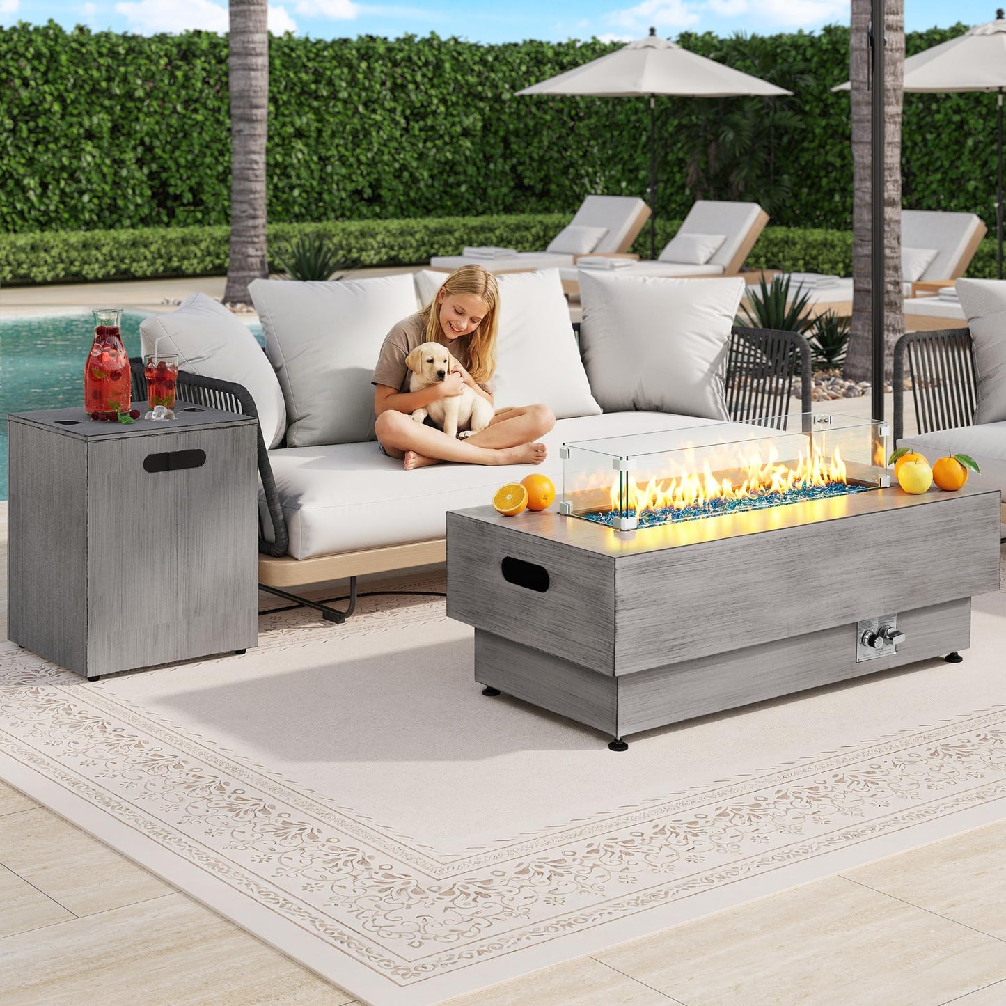 IRONCK 43-inch Outdoor Propane Fire Pit Table w Tank Table, CSA Certified, 2 in 1 Rectangular Patio Fire Pit w Glass Rocks, Wind Guard and Cover, 50000 BTU Outside Heater for Pool, Vintage Gray