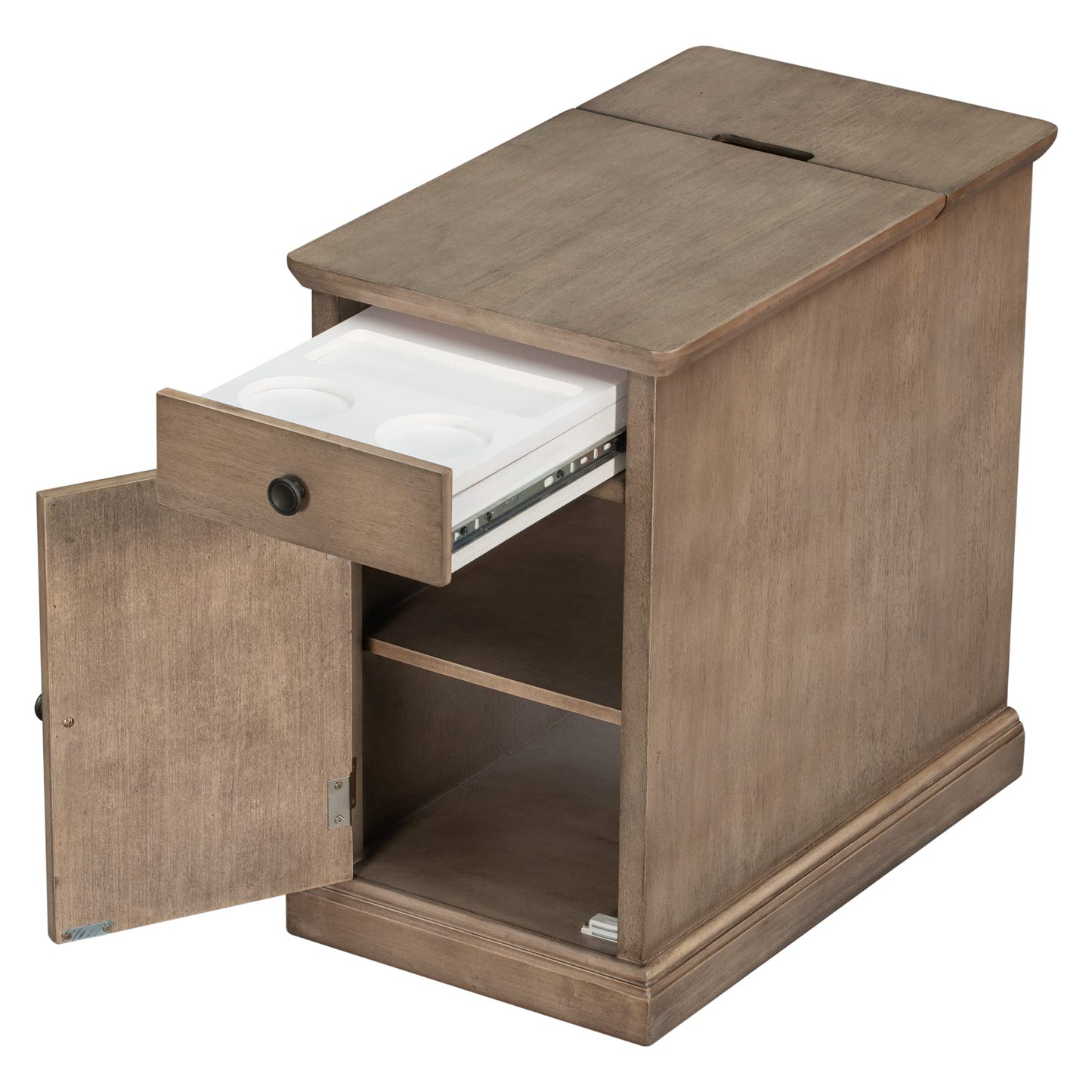 Knocbel Accent Narrow End Table with Hidden USB Ports, Pull-Out Tray, Storage Cabinet and Drawer, Living Room Sofa Couch Side Table Bedroom Bedside Table Nightstand, Fully Assembled (Antique Brown)