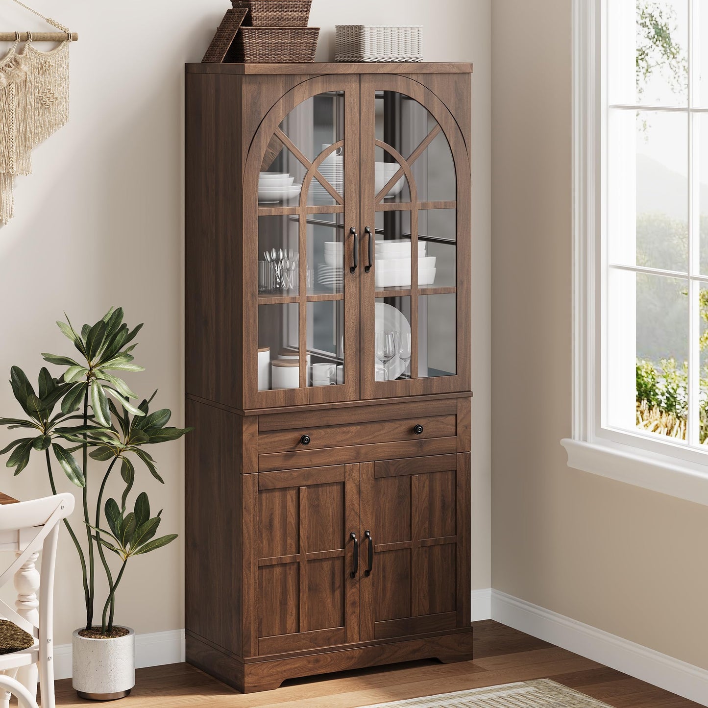 Garvee Farmhouse Pantry Cabinet, 71.9" Tall Freestanding Kitchen Cabinet with Tempered Glass Doors& Anti-Tip Design for Kitchen, Dining Room & Living Room,Retro Brown