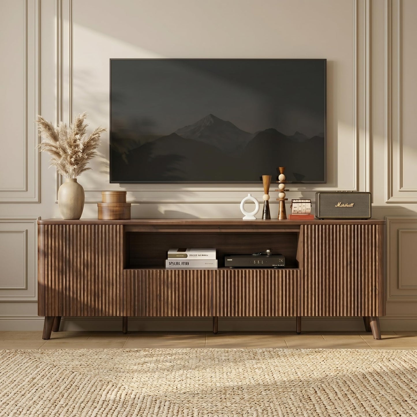 CHITA TV Stands for Living Room, Mid Century Modern TV Stand for 80 inch TV with Storage, Drawers, Adjustable Shelves, Walnut