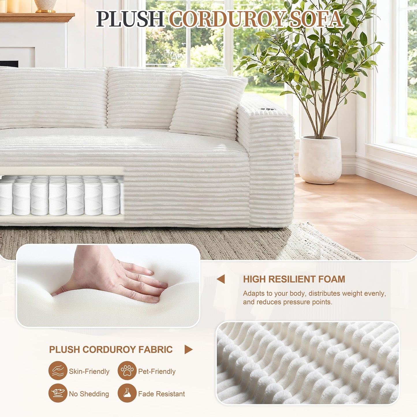 Vongrasig 103" Boneless Sectional Couches for Living Room, L-Shaped Chaise Modular Cloud Couch with Cup Holders on Armrests, Plush Corduroy Comfy Sofa with Memory Foam, No Assembly Required (Beige)