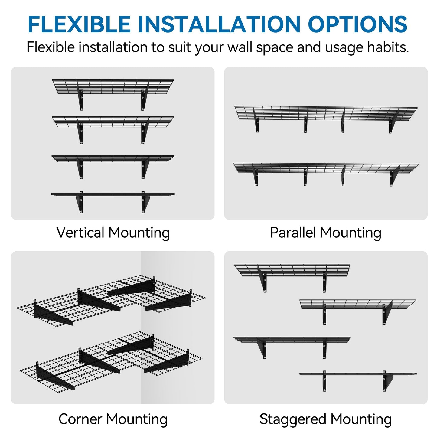 STORKING 2-Pack 2x6ft Garage Wall Shelving, 24"x72" Shelf Storage Rack Floating Shelves Wall Mounted, Heavy Duty Storage Shelves, 800lbs Load Capacity, with 16 Hooks for Garage Organization, Black