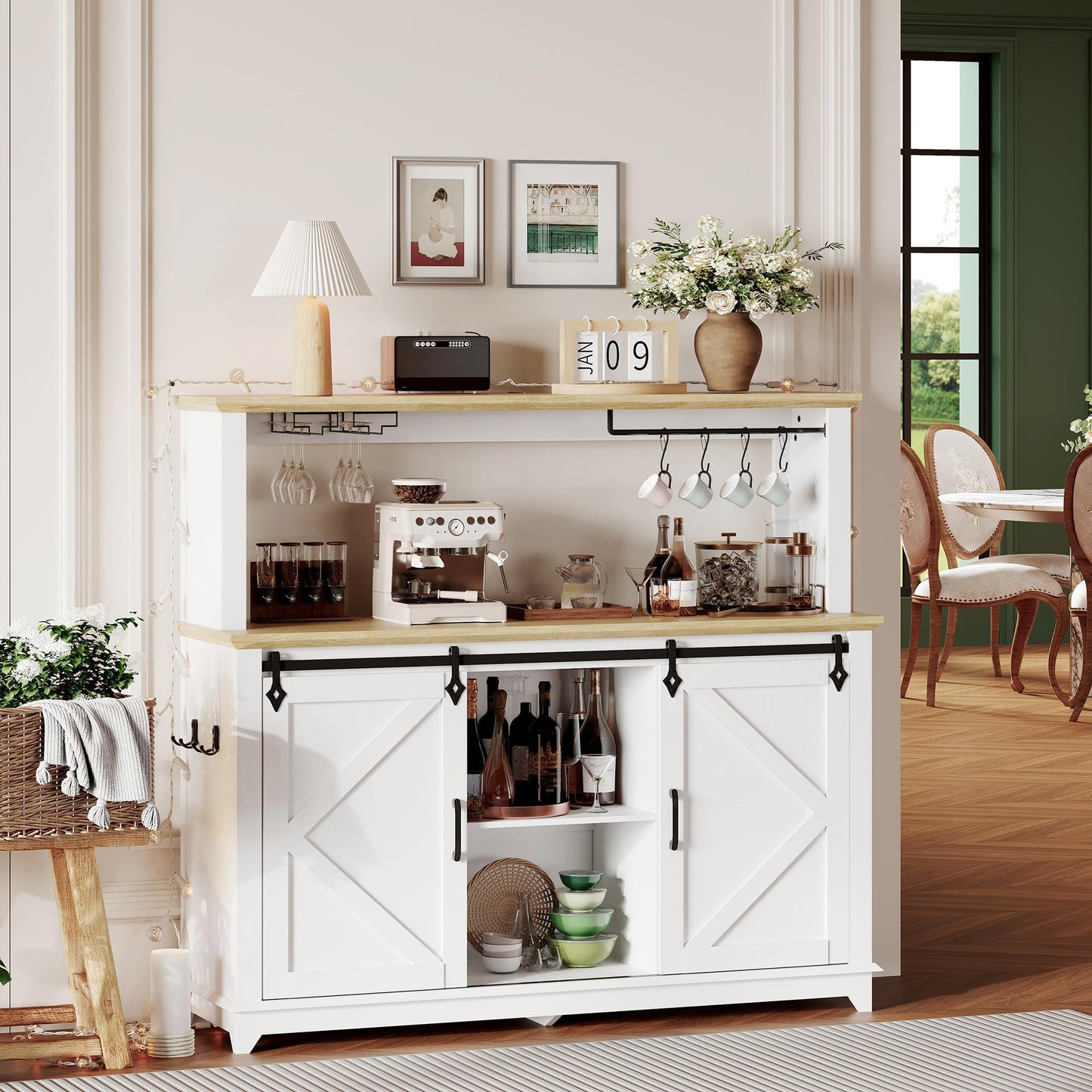 55 in Farmhouse Coffee Bar Cabinet with 3-Mode LED Light and Power Outlet - Large Kitchen Hutch with Sliding Barn Door - Wine Cabinets with Storage Drawers and Wine Glass Rack for Home and Living Rome
