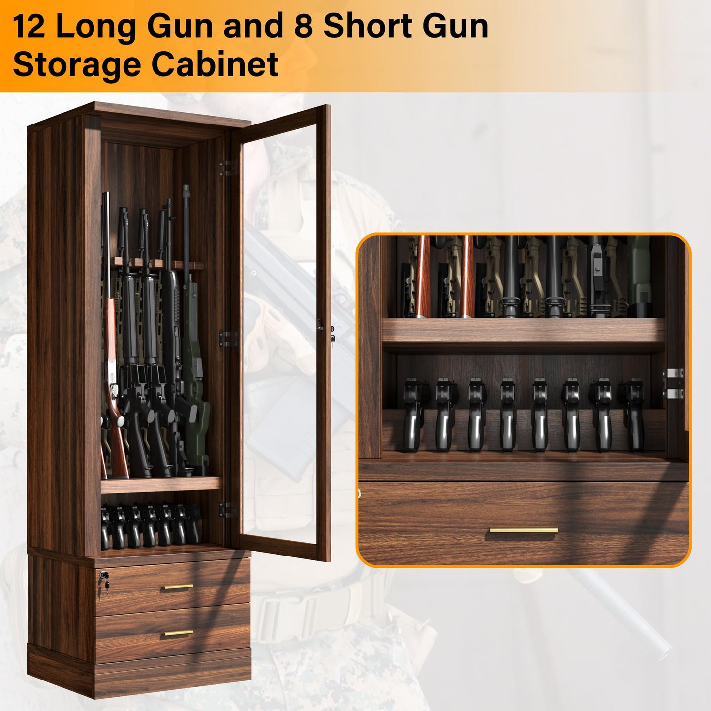 kepptory Gun Safe for 12 Long Rifles and 8 Shortgun, Gun Cabinet for Rifle with Mechanical Lock, Espresso Wood Gun Cabinet for Dinning Living Room, Easy Assembly