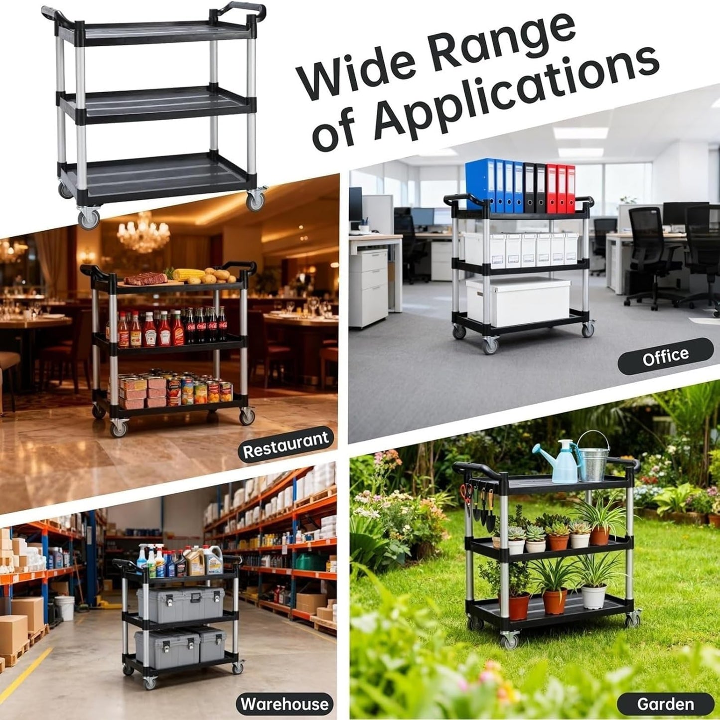 Aimoly 3-Tier Rolling Utility Cart with Wheels, 540 lbs Capacity Service Cart, Commercial Kitchen Cart with 4 Lockable Swivel Casters for Restaurant/Home/Warehouse/Office (40 x 20 x 38 in)