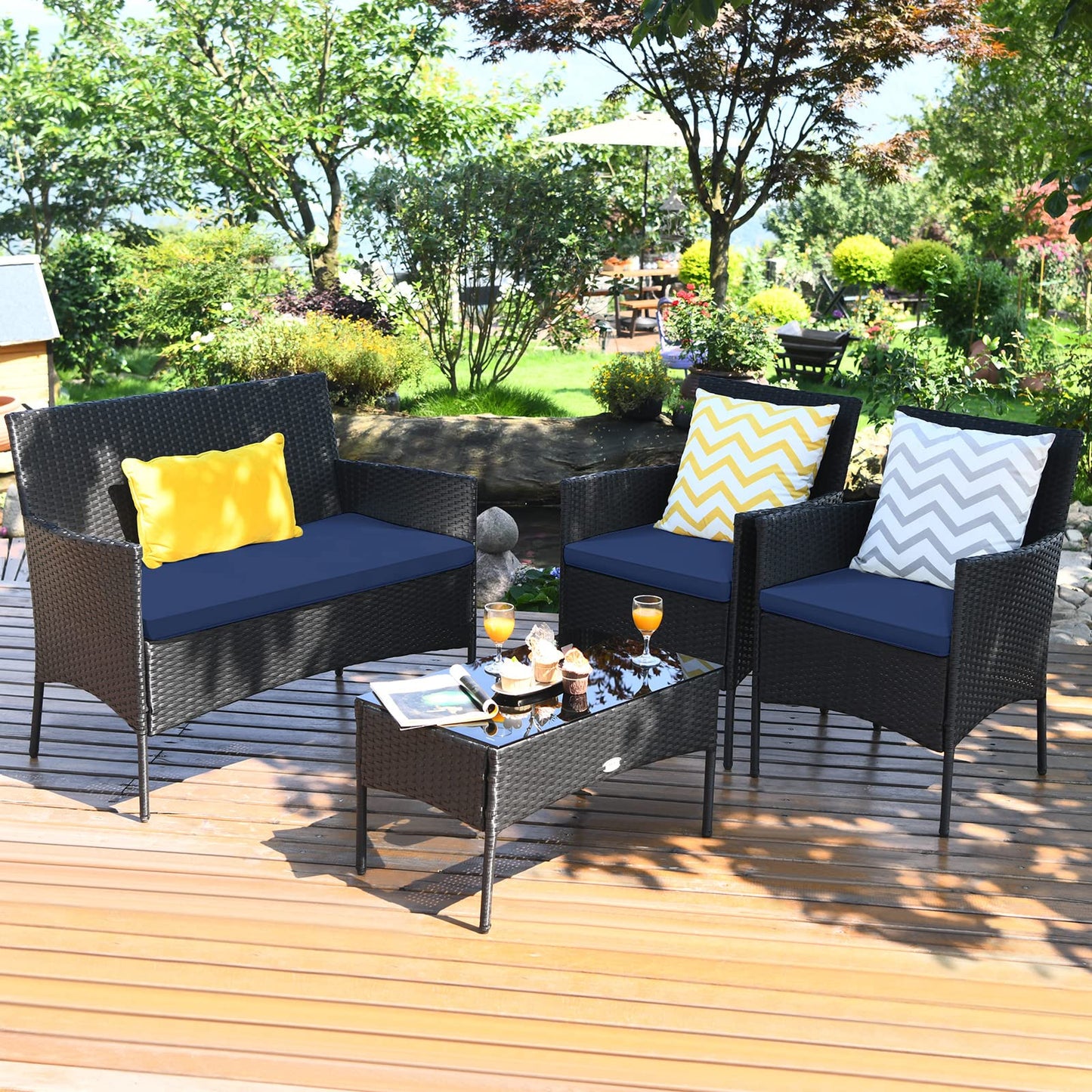 Tangkula 4 Pieces Patio Furniture Set, Outdoor Wicker Conversation Set with Tempered Glass Tabletop, Rattan Sofa and Chairs Set with Off White & Navy Cushion Covers