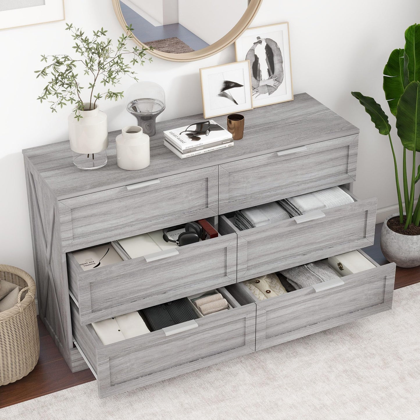 FTZxHKLX Modern 6-Drawer Dresser for Bedroom, Dresser Chest of Drawer with Large Drawers & Silver Handles, Wooden Dressers Drawers Storage Unit for Bedroom, Living Room, Closet (Wash Grey)