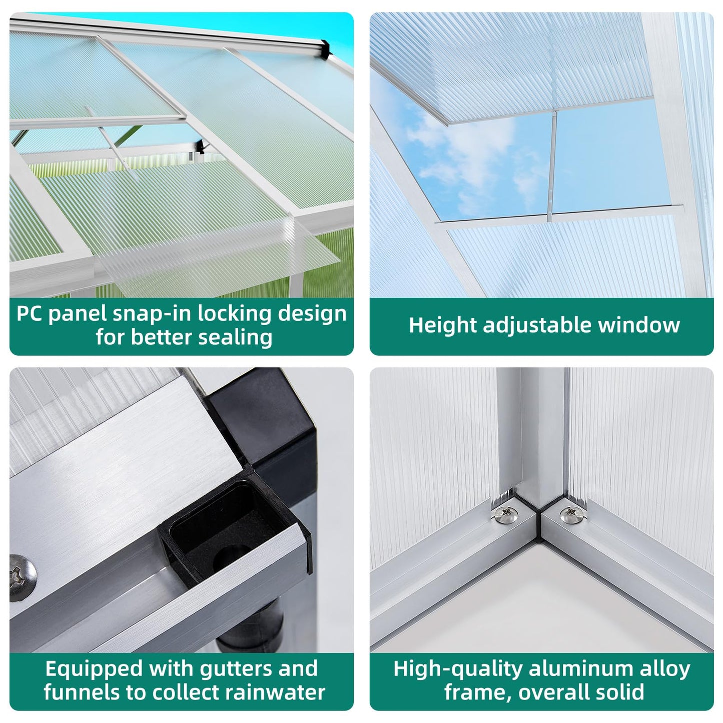 Garvee 6x10 FT Greenhouse - Aluminum Greenhouses for Outdoors, Large Polycarbonate Greenhouse with Roof Vent, Heavy Duty Walk-in Green Houses for Outside Garden, Backyard, Patio, Lawn, Easy Assembly