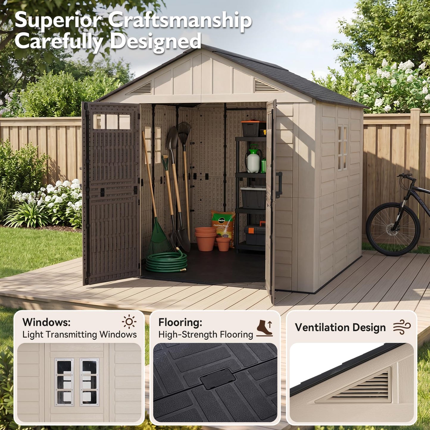 LazySunsets 8x8 Ft Outdoor Storage Shed, Large Resin Outdoor Shed with Floor Included, 2 Windows & Lockable Door, Garden Plastic Storage Sheds for Bike, Lawn Tools, Garbage Can
