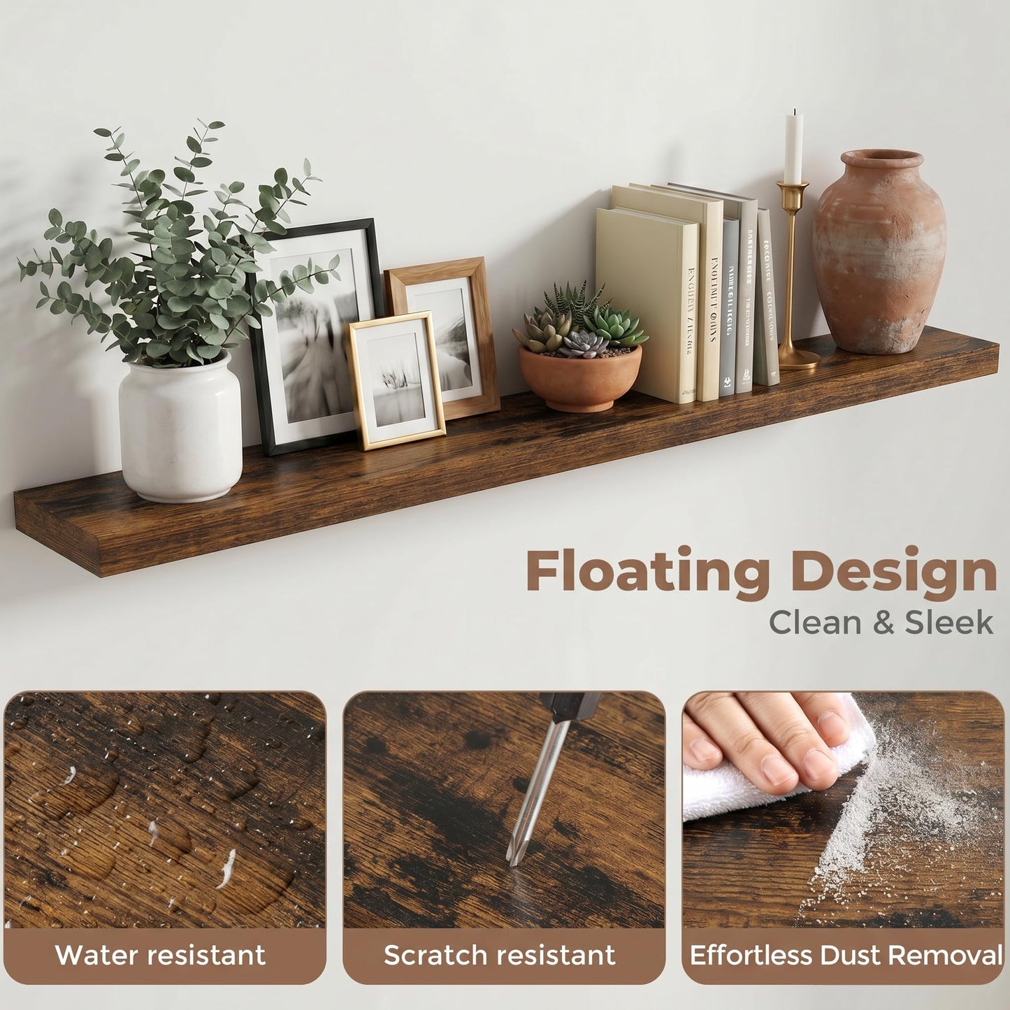 FLYJOE Floating Shelves for Wall, 72 Inch Floating Shelves Set of 2, 8" D Wooden Wall Mounted Display Shelves with Invisible Brackets for Living Room, Bedroom, Bathroom, Kitchen Decor, Brown