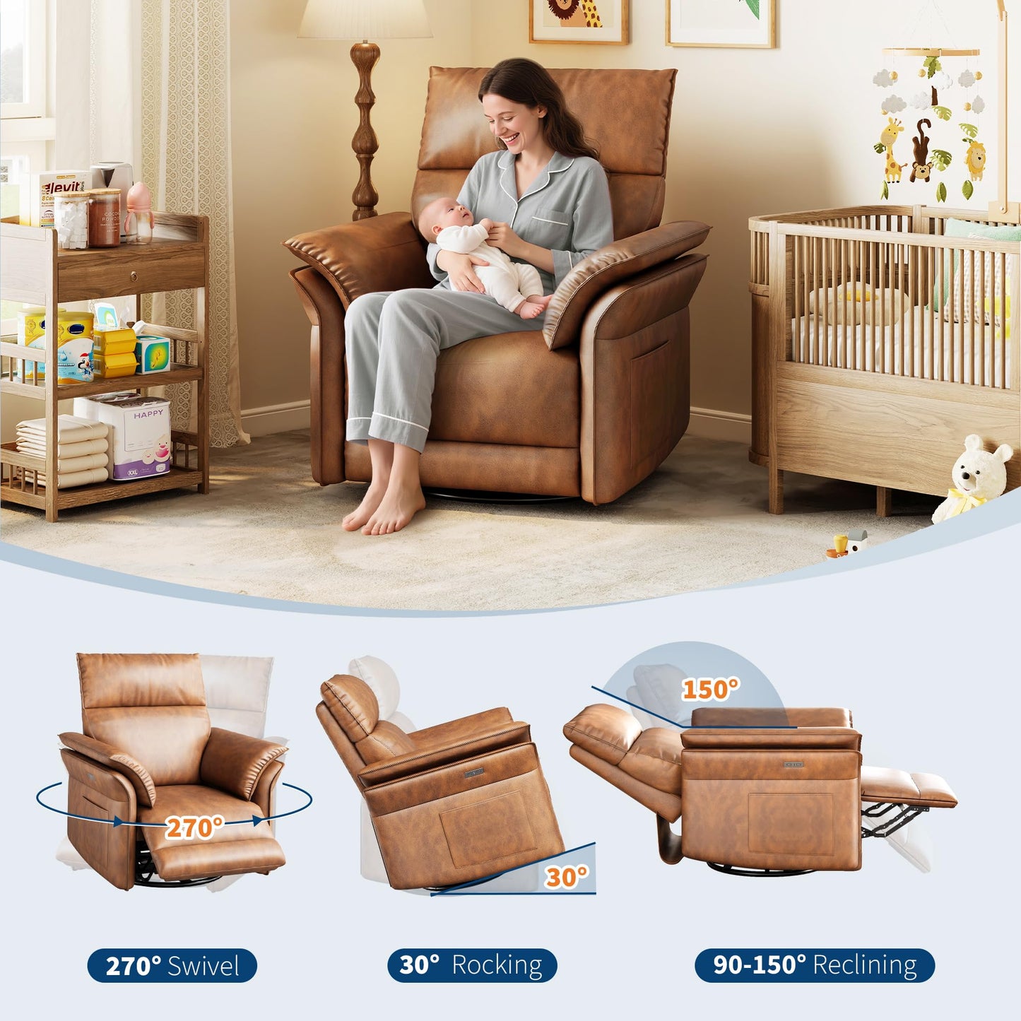Garvee Power Recliner Glider Chair with Smooth Swivel and Rocking Motion Adjustable Recline USB Charging Port Premium Chenille Fabric and Double Armrests for Living Room and Nursery