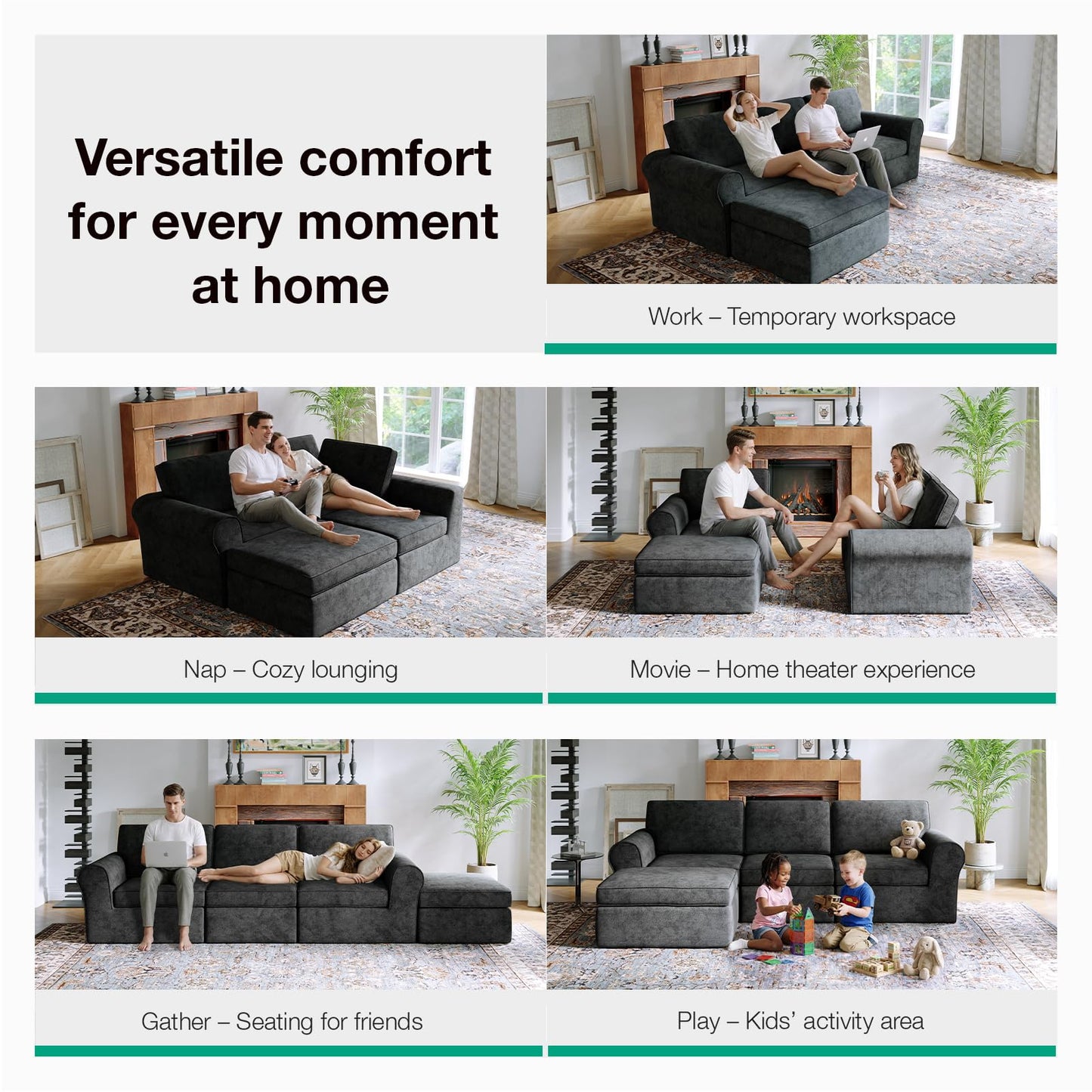 Novilla 138" Modular Sectional Sofa, Modular Sectional Couches for Living Room, Chenille Removable Cover Boneless Couch with Smarts Coil® Support U-Shaped Couch(Dark Grey, 4 Seater + 2 Ottoman)