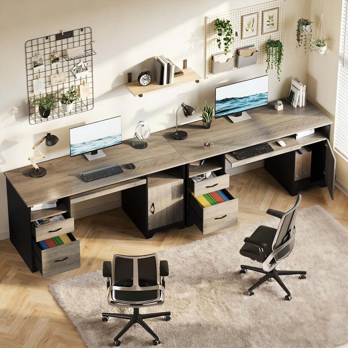 Bestier 59”Executive Desk with 2 Drawers,Computer Desk with Storage Cabinet,Industrial Wood Desk with File Drawer,Keyboard Tray & 2 Pedestals for Home Office & Studio,Gray