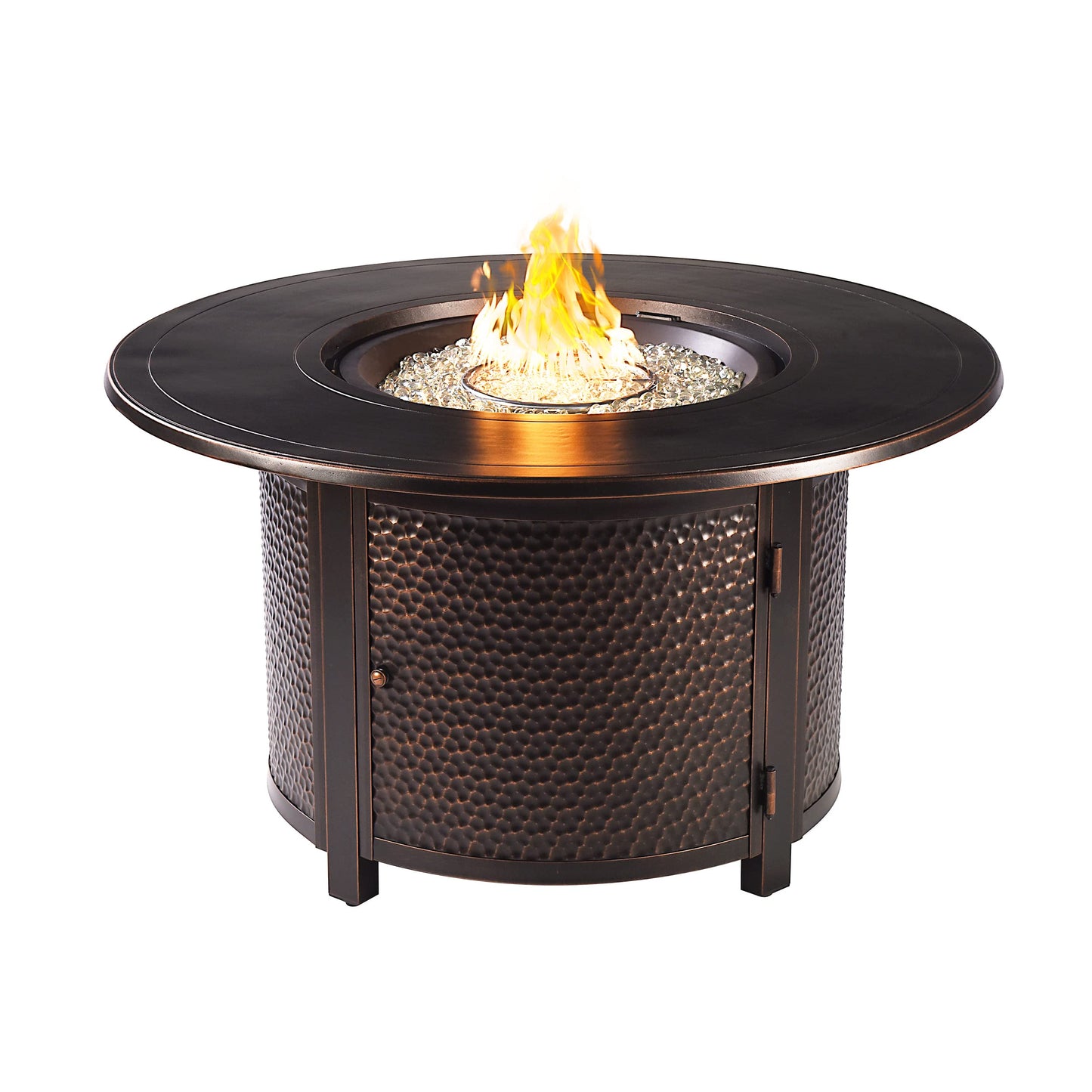 Oakland Living Aluminum 44 in. Round Fire Table Set Four Deep Seating Swivel Rockers, Fire Beads, Lid and Fabric Covers