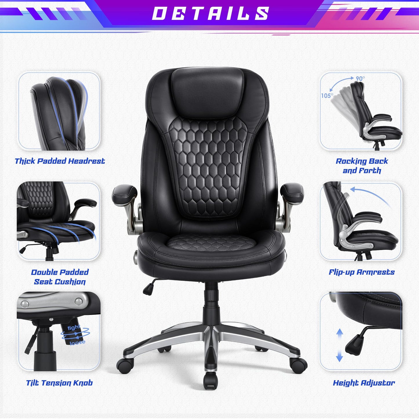 COLAMY Executive Office Chair, Bonded Leather Desk Chair with Flip-Up Arms, Lumbar Support, Ergonomic Tilt & Tension Control for Home Office