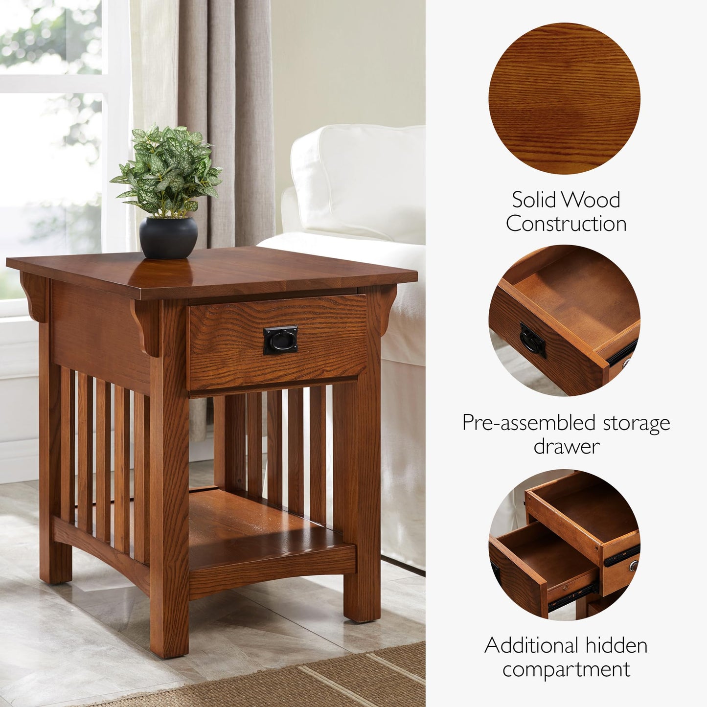 Leick Home Mission End Table, Solid Wood, 1 Storage Drawer, Additional Secret Compartment, Bottom Display Shelf, Easy-Assembly, Medium Oak, 20.0 in. L x 24.0 in. W x 24.0 in. H, 8222-SC