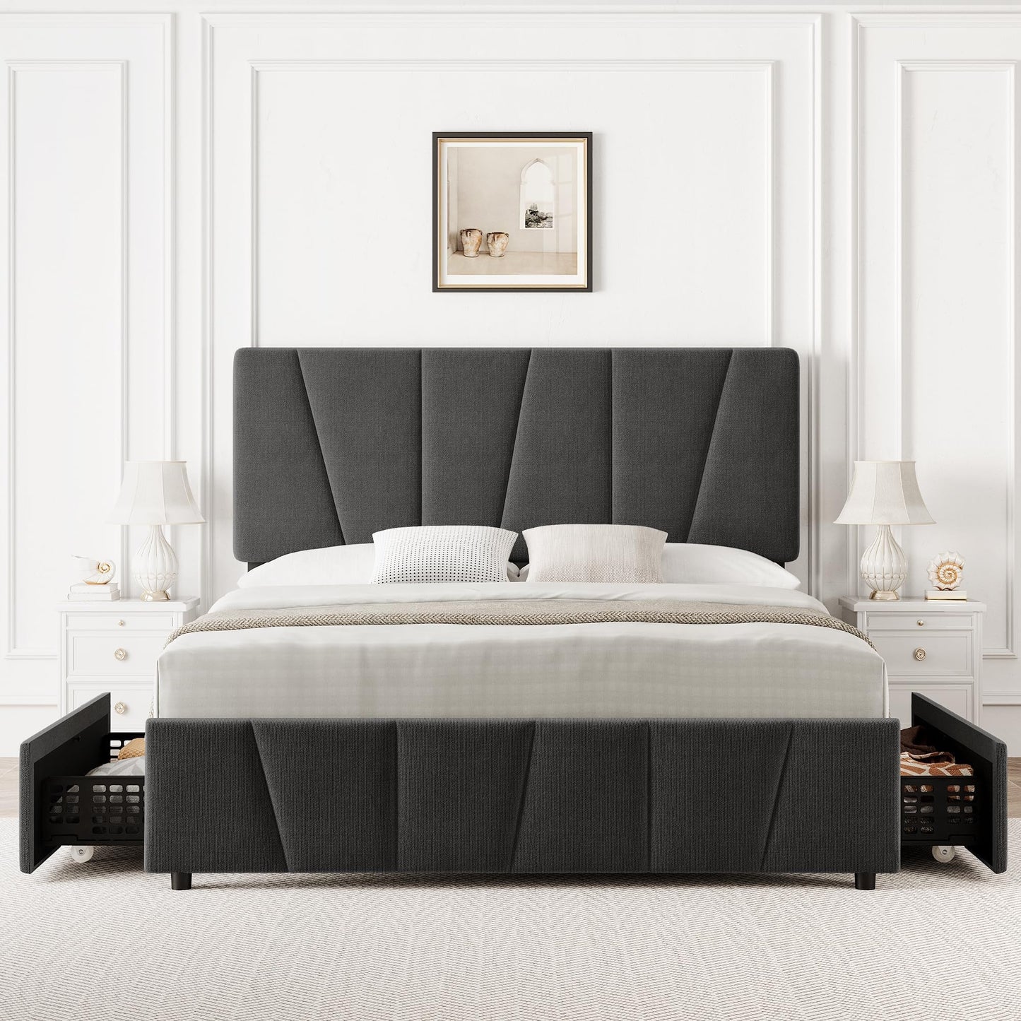 Queen Size Bed Frame with Upholstered Headboard & 4 Storage Drawers with Wheels, Platform Bed Frame with Wooden Slat Support, Adjustable Headboard, No Box Spring Needed, Noise-Free, for Bedroom