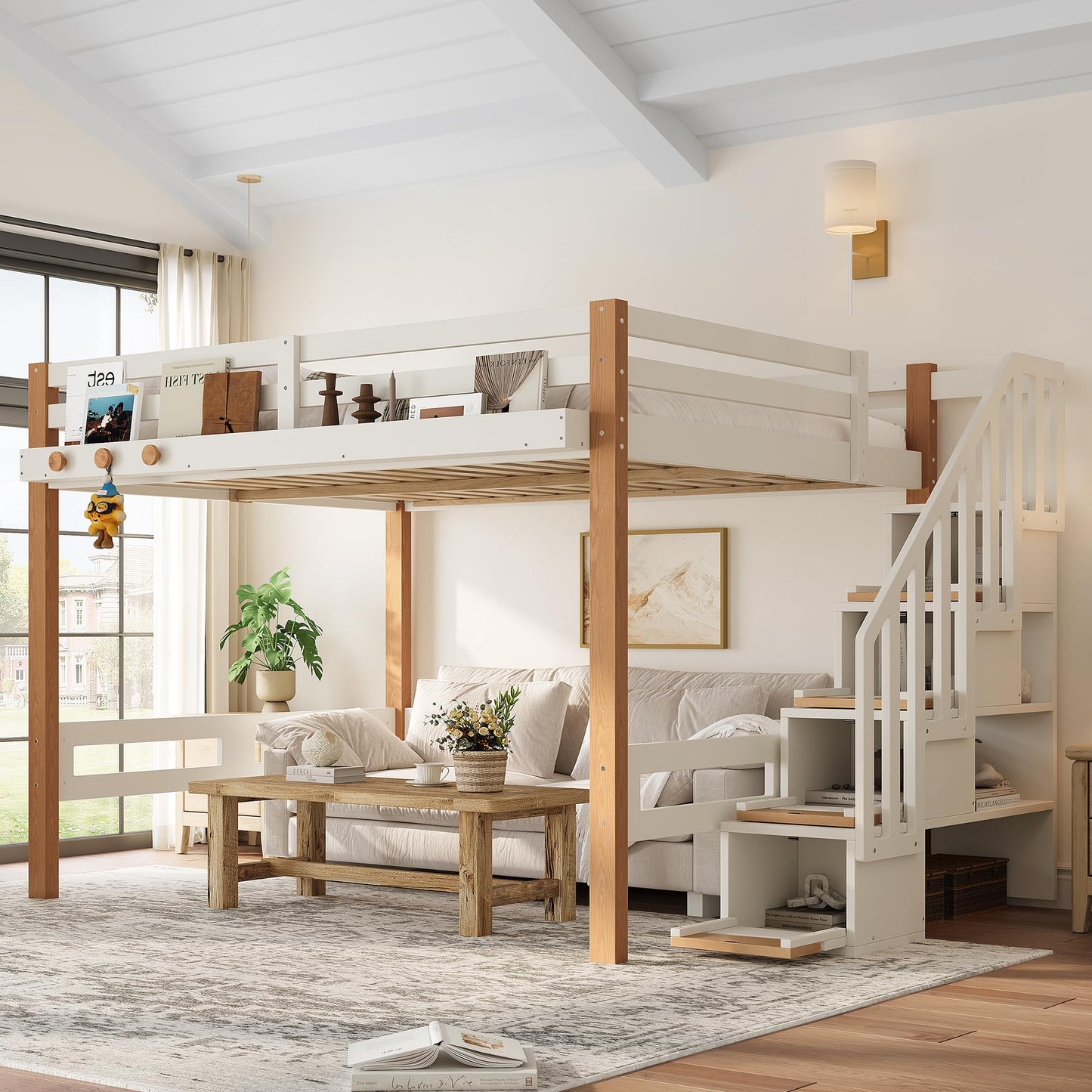 KEIKI Full Size Wooden Loft Bed Frame with Staircase & Clothes Hook & Built-in Storage Shelves, Modern Loft Bed with Solid Slat & Guardrail, No Box Spring Required, Easy Assembly, for Bedroom, Beige