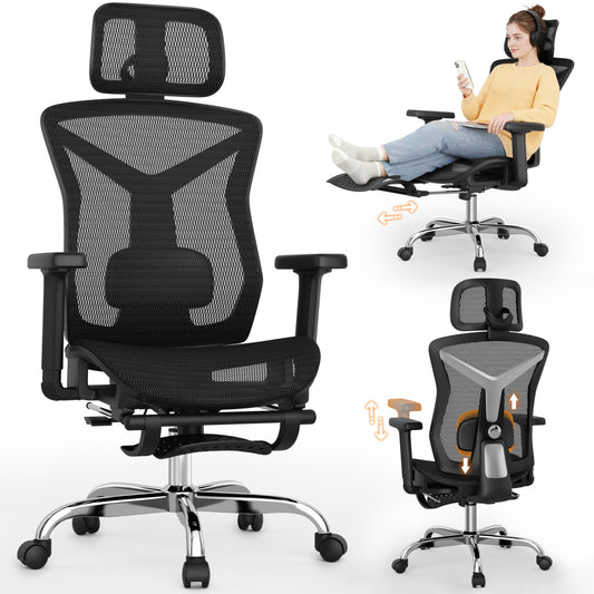 Ergonomic Office Chair with Footrest, Desk Chair Comfy with 3D Adjustable Lumbar Support & Arm & Headrest, 4 Gear 90°-135° Tilt, Wide Air Mesh Seat, Heavy Duty Class-4 Gas Lift, Computer Gaming Chair