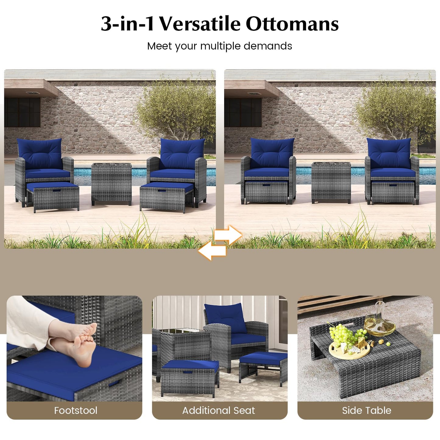 COSTWAY 5-Piece Rattan Conversation Set, Outdoor Wicker Sofa, Tempered Glass Coffee Table & Ottomans for Small Space, Boho Chic Indoor/Outdoor Furniture Set for Poolside, Backyard, Deck (Navy)