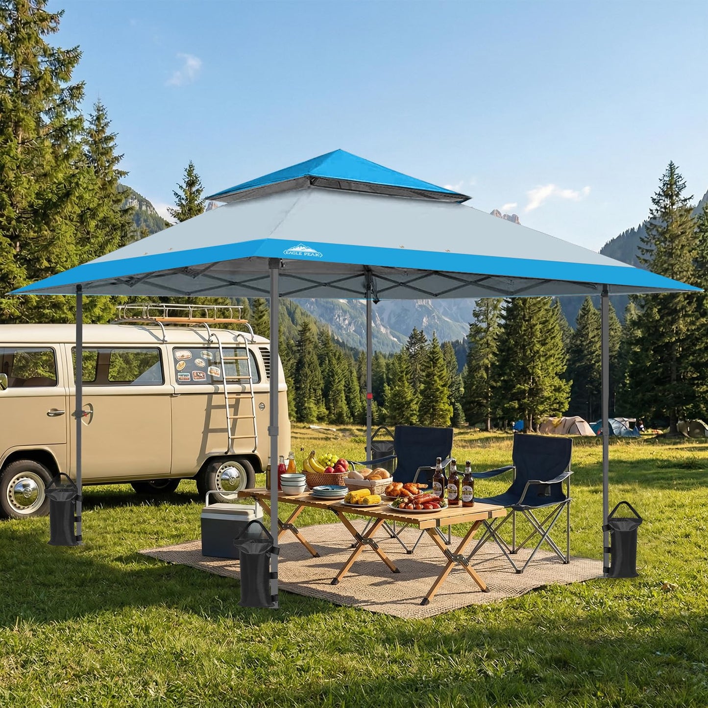 EAGLE PEAK 13x13 Straight Leg Pop Up Canopy Tent Instant Outdoor Canopy Easy Single Person Set up Folding Shelter w/Auto Extending Eaves 169 Square Feet of Shade (Light Blue)