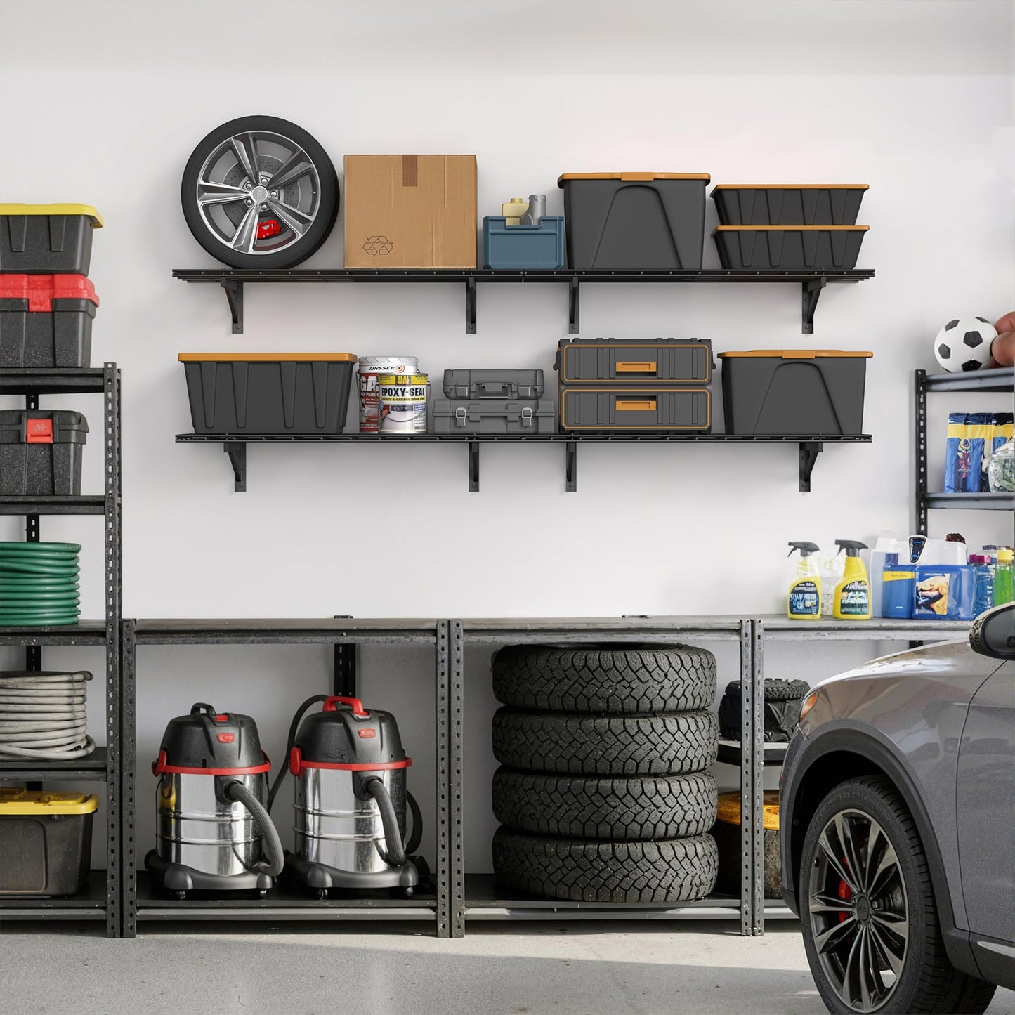 Jusgym 4 Pack Heavy Duty Garage Wall Shelving Set (1.5x4ft), Wall Mounted Garage Shelves 1400lbs Capacity, 18"x96" Shelf Storage Rack Floating Shelves, Black