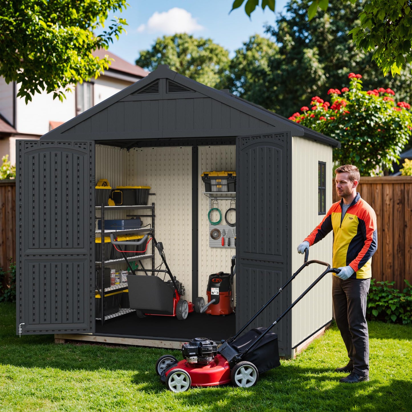 Greesum 8×6 FT Plastic Outdoor Storage Shed with Floor, Resin Sheds with Window and Lockable Door, Weather Resistant, Easy Assemble for Garden, Lawn, Pool Supplies, Beige
