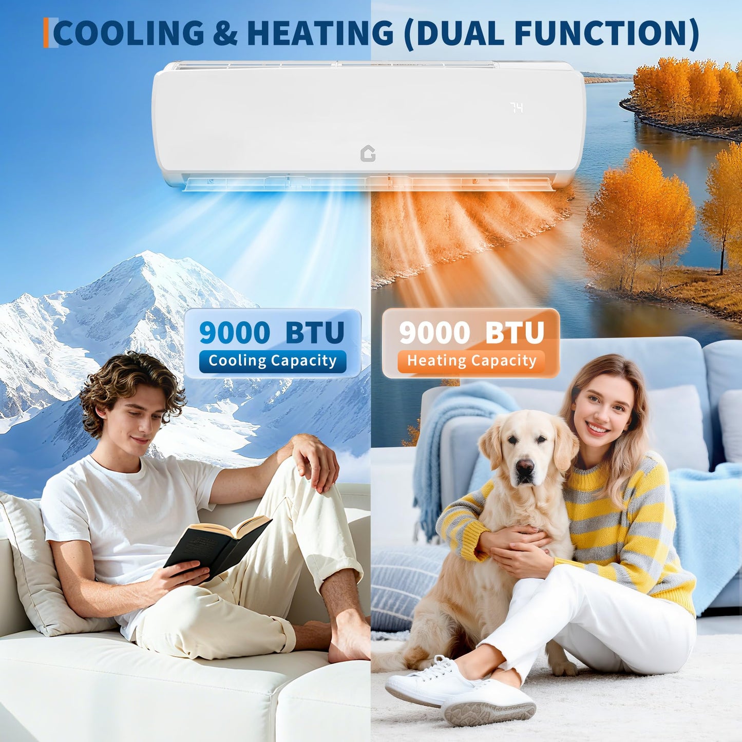 115V Mini Split Air Conditioner 9000 BTU 19 SEER2 Heat Pump, Cools 450 Sq.Ft with Household Plug, 3-in-1 Inverter System for Cooling Heating Dehumidifying, 10ft Line Set for Standard Wall Outlet