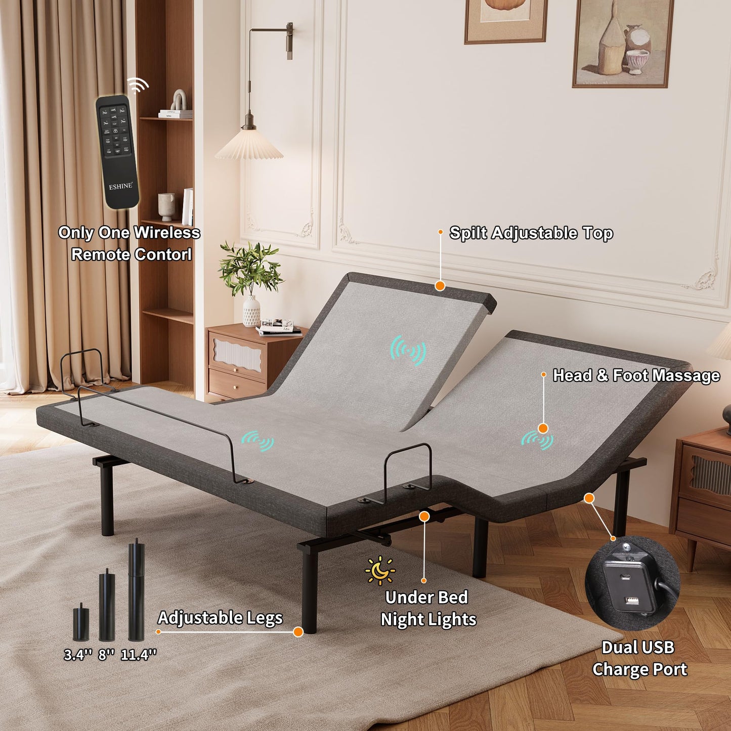 ESHINE Adjustable Bed Frame Smart Bed Split Top King - Electric Upholstered Bed Base with Massage, Wireless Remote, Ergonomic Foot&Head Incline, Zero Gravity, Dual USB Ports, Under Bed Light, Grey