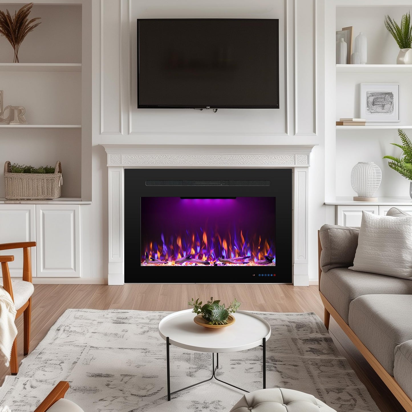 Rodalflame 29.6" W Rear Electric Fireplace Inserts with 3 Flame & Top Light, Recessed Fireplace Heater with Thermostat, 750/1500W, Crackling Sound, Logs & Crystals, Timer, No Wall Mount