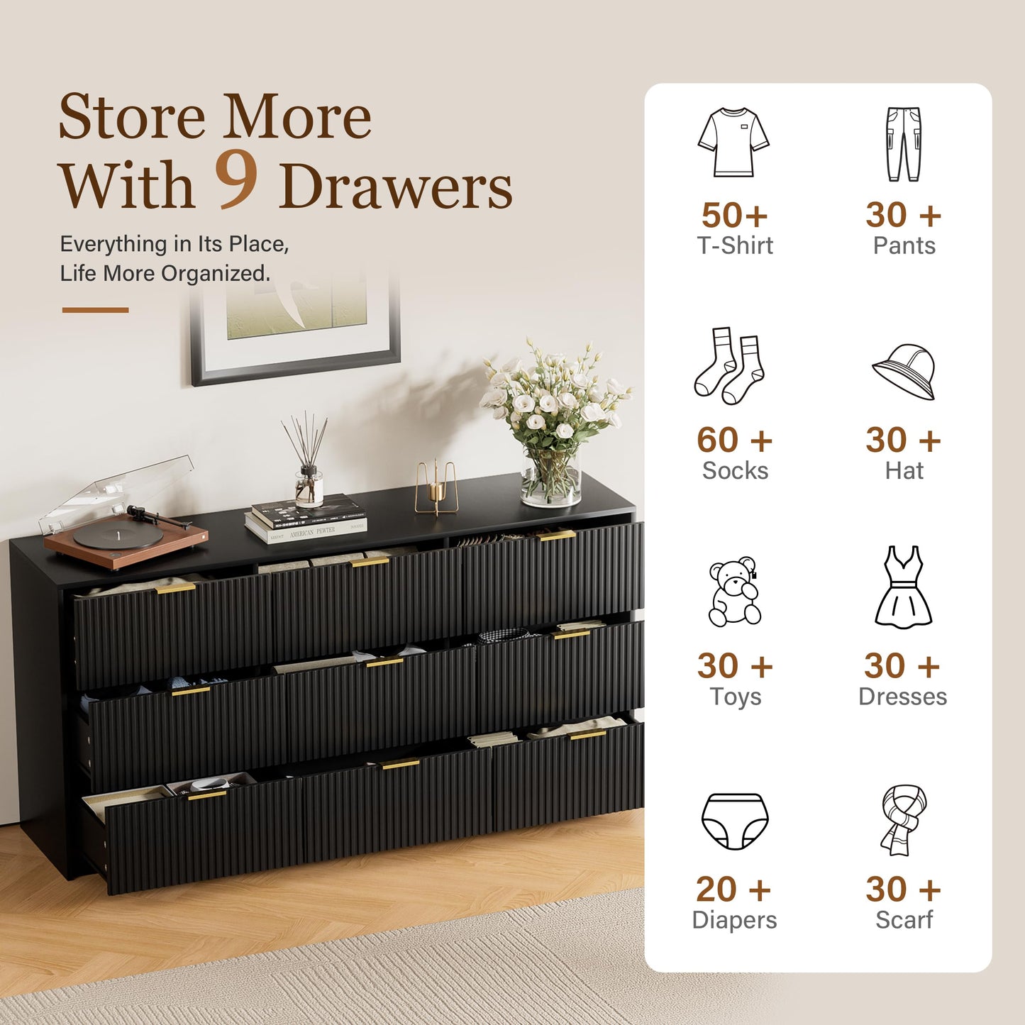Furniway Black Dresser for Bedroom, Modern Dresser with 9 Drawers and Smooth Slides, Wide Chest of Drawers with Golden Handles for Bedroom, Living Room, Closet, 15.7" D x 63" W x 31.5" H