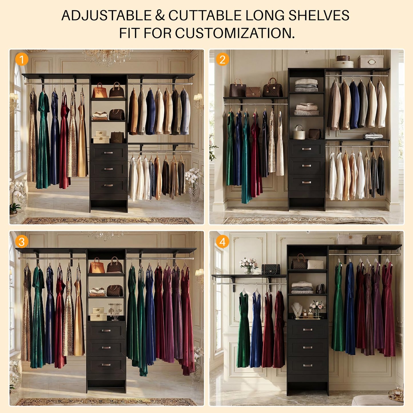 8FT Closet System with 3 Curved Drawers, 96'' Wooden Walk-in Closet Organizer with 3 Top Shelves, Adjustable Organizer System with 3 Hanging Rods, Built-in Wardrobe Storage Rack for 4-8 ft, Black
