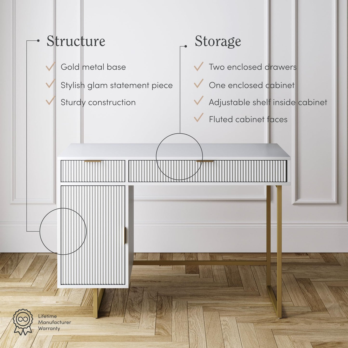 Nathan James Jacklyn White Modern Computer Desk, Workstation or Writing Desk for Small Spaces with Drawers and Cabinet Storage, White/Pale Gold