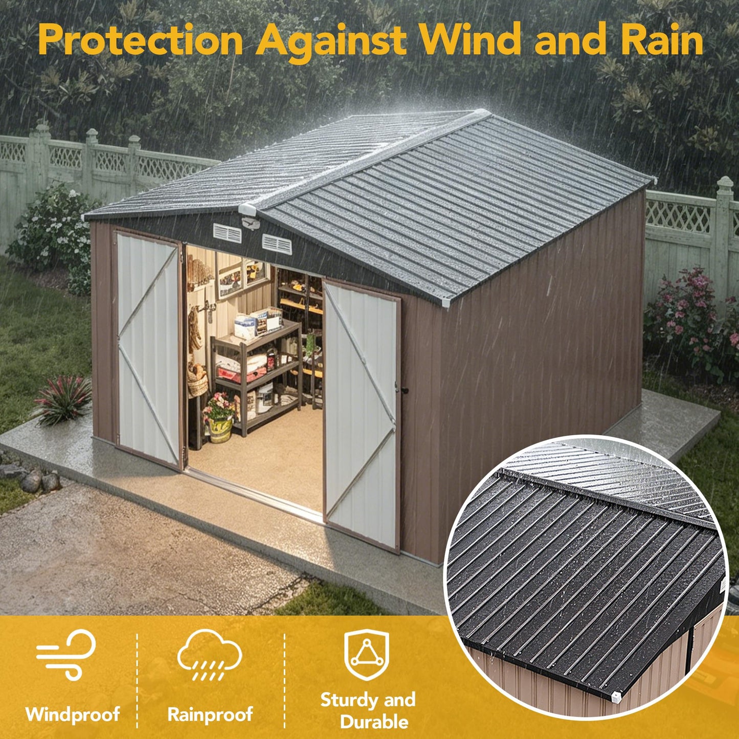 OneBlis 10x8FT Outdoor Storage Shed, Tool Shed with Sloping Roof and Lockable Door, Galvanized Metal Shed for Backyard Garden Patio Lawn, Brown