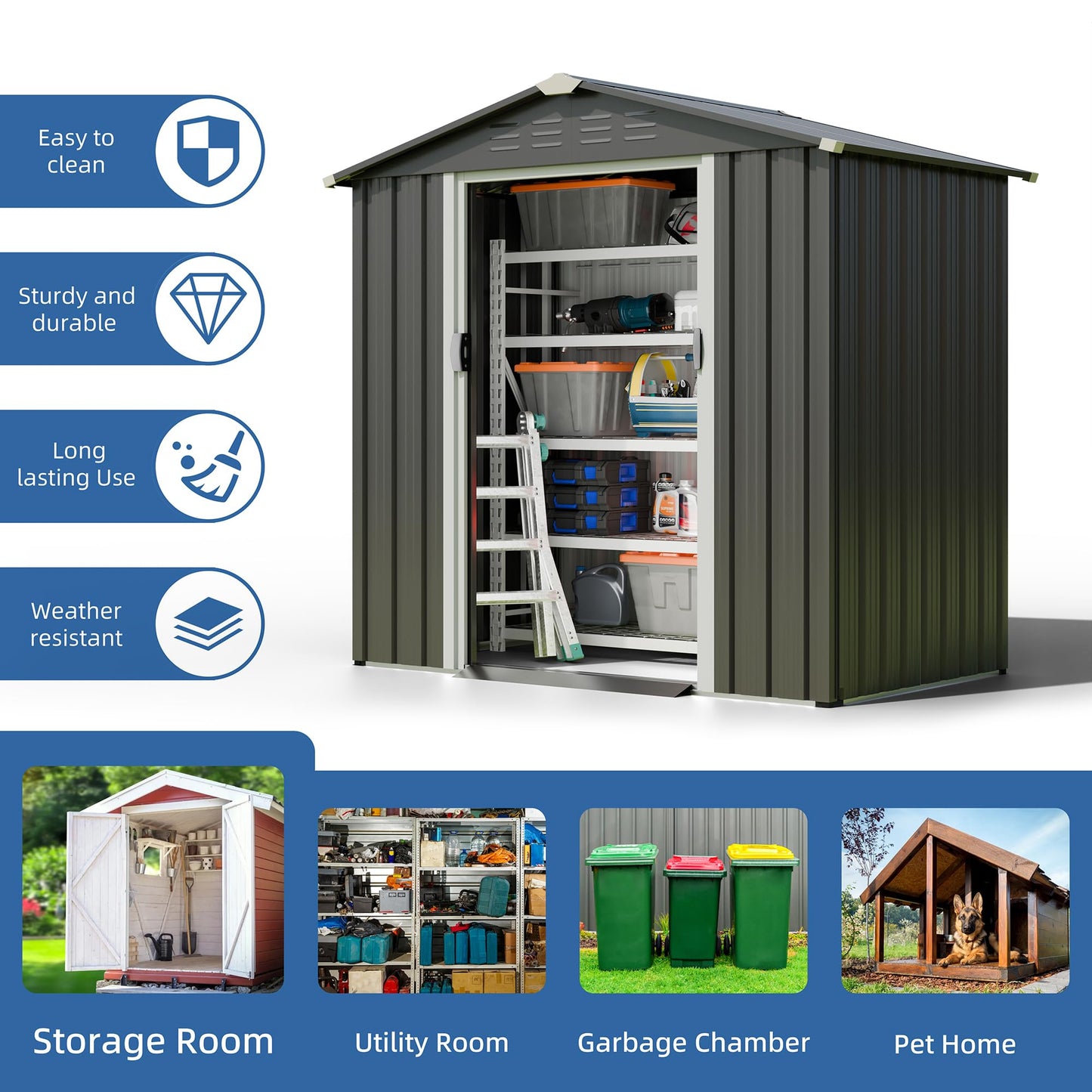 JYQAQA 6x4 FT Outdoor Storage Shed,Waterproof Metal Garden Sheds with Lockable Double Door,Weather Resistant Steel Tool Storage House Shed for Garden,Patio,Lawn, Gray