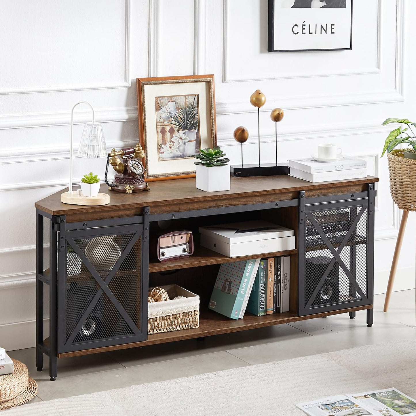 HOMISSUE Corner TV Stand for 55 Inch TV, Rustic Corner Entertainment Center with Storage, Industrial Media Console Table with Sliding Barn Door, Entertainment Center for Living Room, Brown