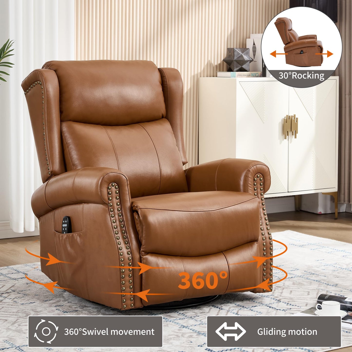 Heat Massage Manual Recliner Chair with Rocking and 360° Swivel Base, Genuine Leather Recliner Chair with Lumbar Heat, 8-Point Vibration Massage, 155° Reclining Living Room Chair, Dark Yellow