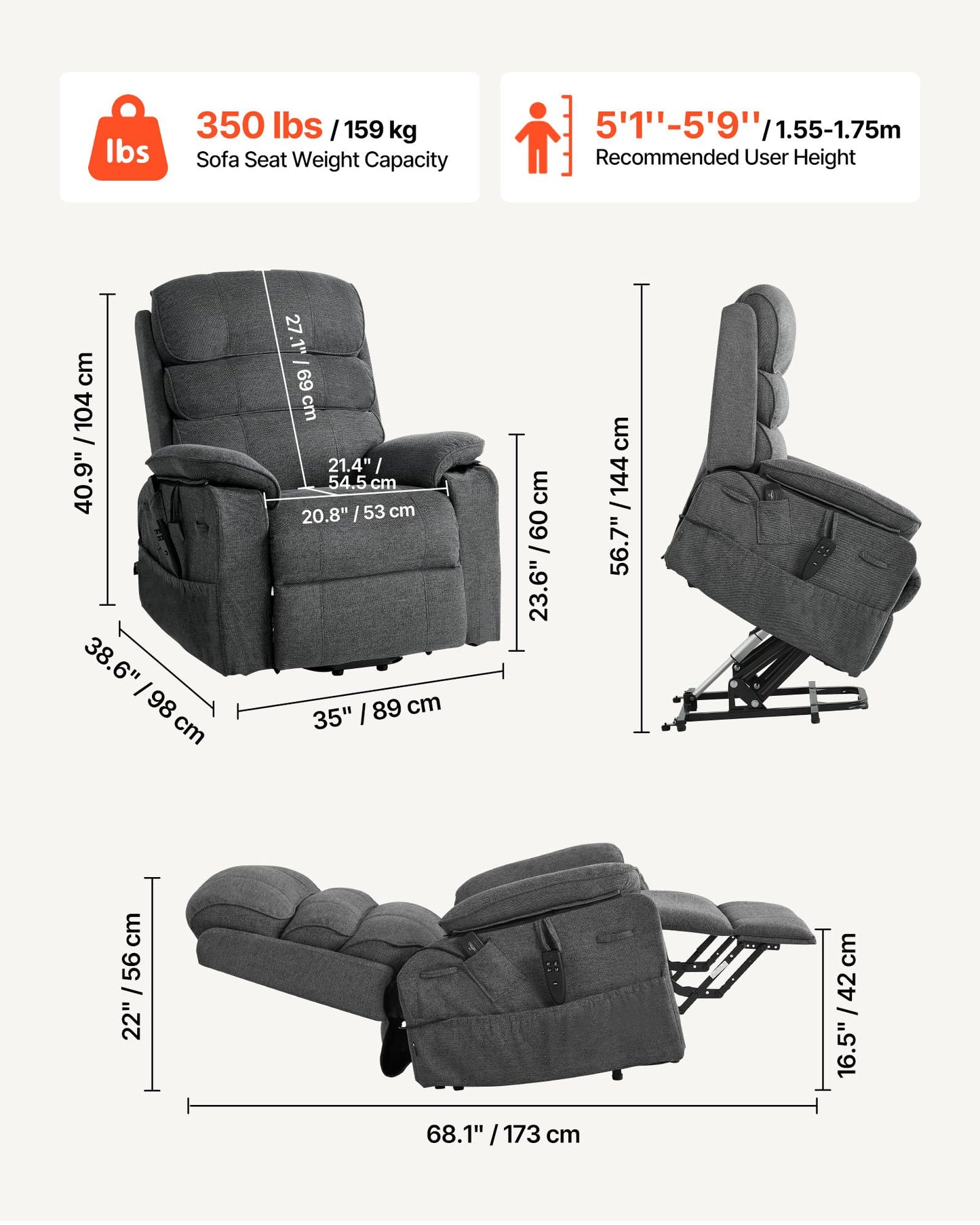 VEVOR Power Lift Recliner Chair, Dual Motor Lift Chair with Heat and Massage for Elderly, Position Adjustable, Remote Control, with Side Pockets, Chenille Fabric, Dark Gray