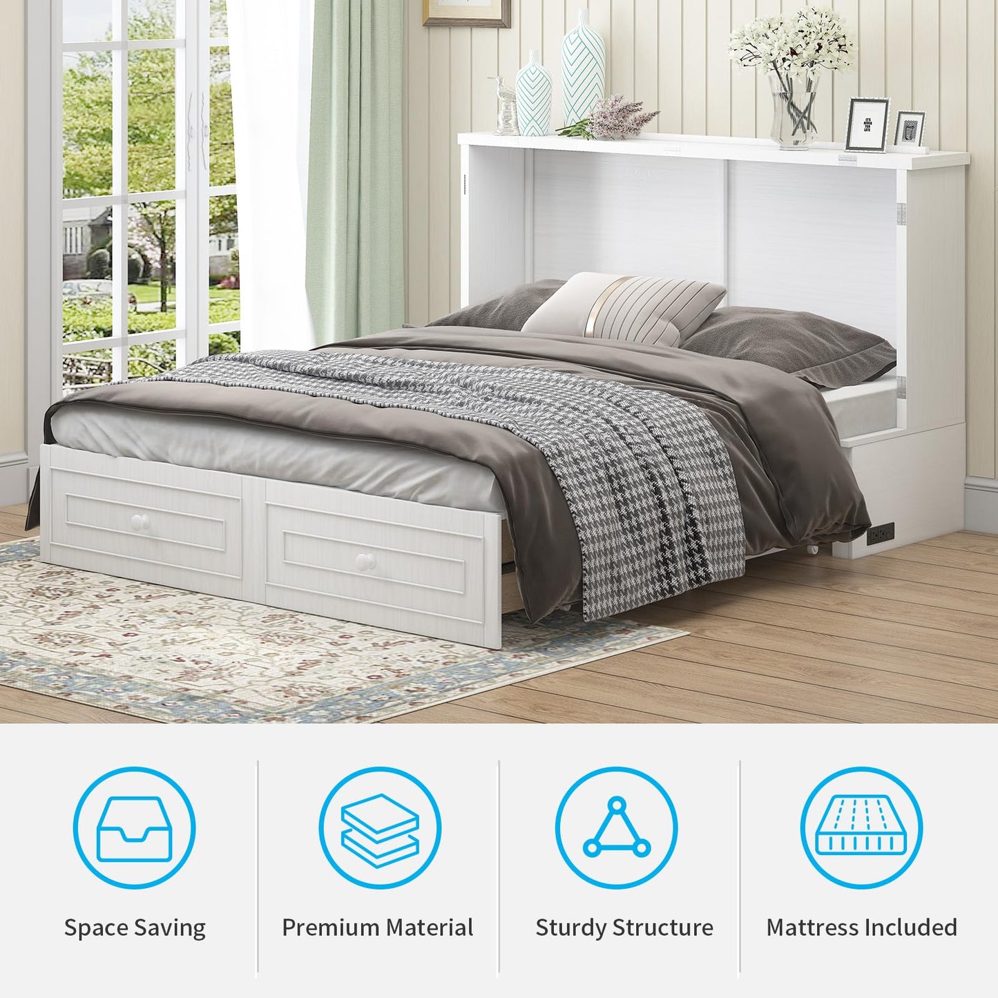 Mjkone Queen Size Murphy Bed Cabinet with Tri-Folding Mattress Included, Chest Cabinets Bed with USB Charging Station, Wall Beds with Storage Drawers for Guest Bedroom Apartment Office, White