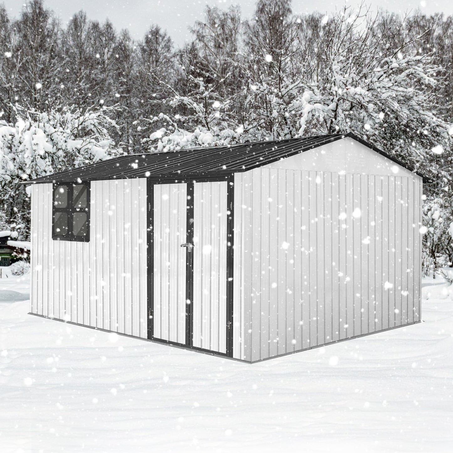 YOPTO 12x10 FT Outdoor Storage Shed,Metal Shed W/Goods Shelves & Window,Garden Tool House W/ 2 Vents & Lamp Hanging Hole & Apex Roof and Lockable Doors,for Backyard Patio Lawn,White+Black