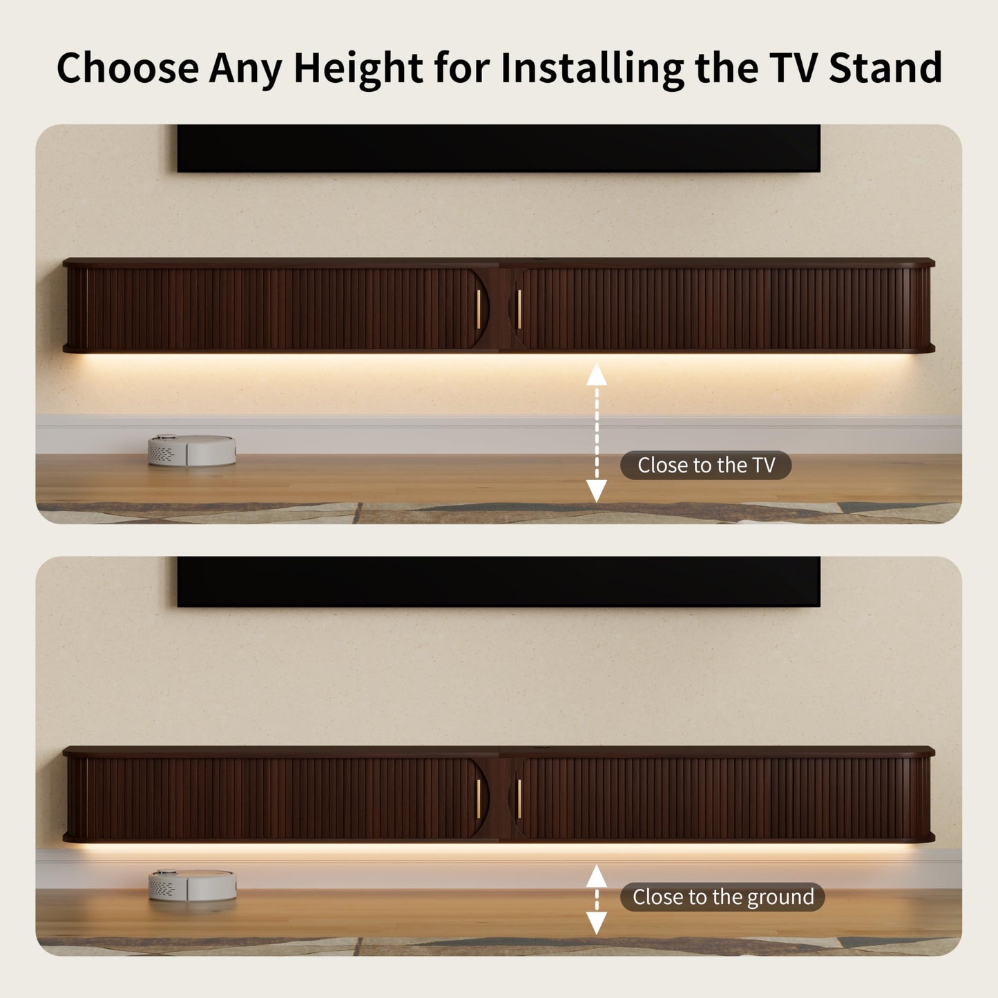 DHH 94.8" Floating TV Stand with Power Outlet for TVs up to 100", Mid Century Modern TV Console with RGB LED Lights, Fluted Entertainment Center with Sliding Door for Living Room, Bedroom (Walnut)