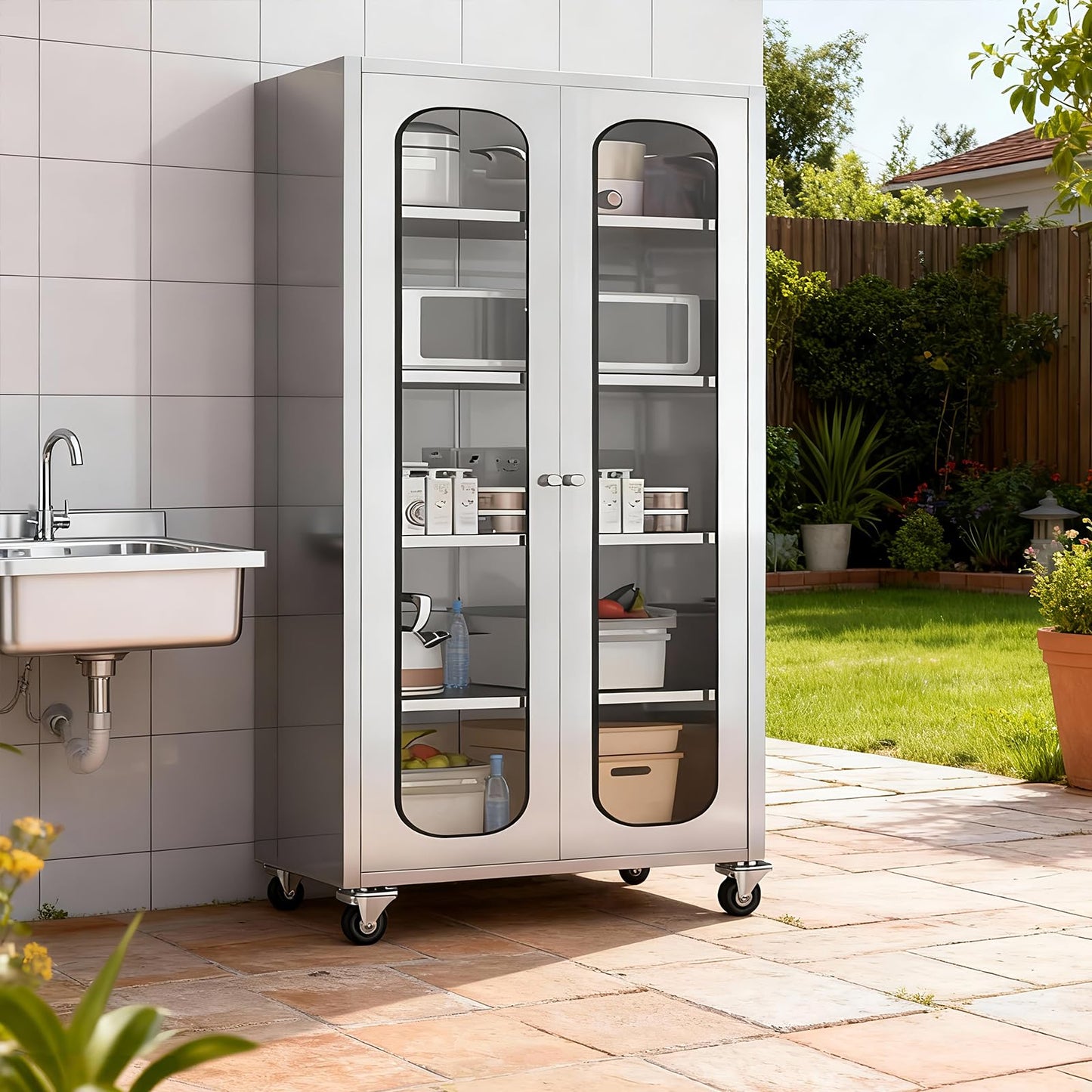 ZZV 68" Tall Stainless Steel Storage Cabinet with Wheels, Fully Assembled 5-Tier Kitchen Pantry Cabinet with Glass Doors for Garage, Utility Room, Laundry Room, Restaurant, Cafe, and Outdoor