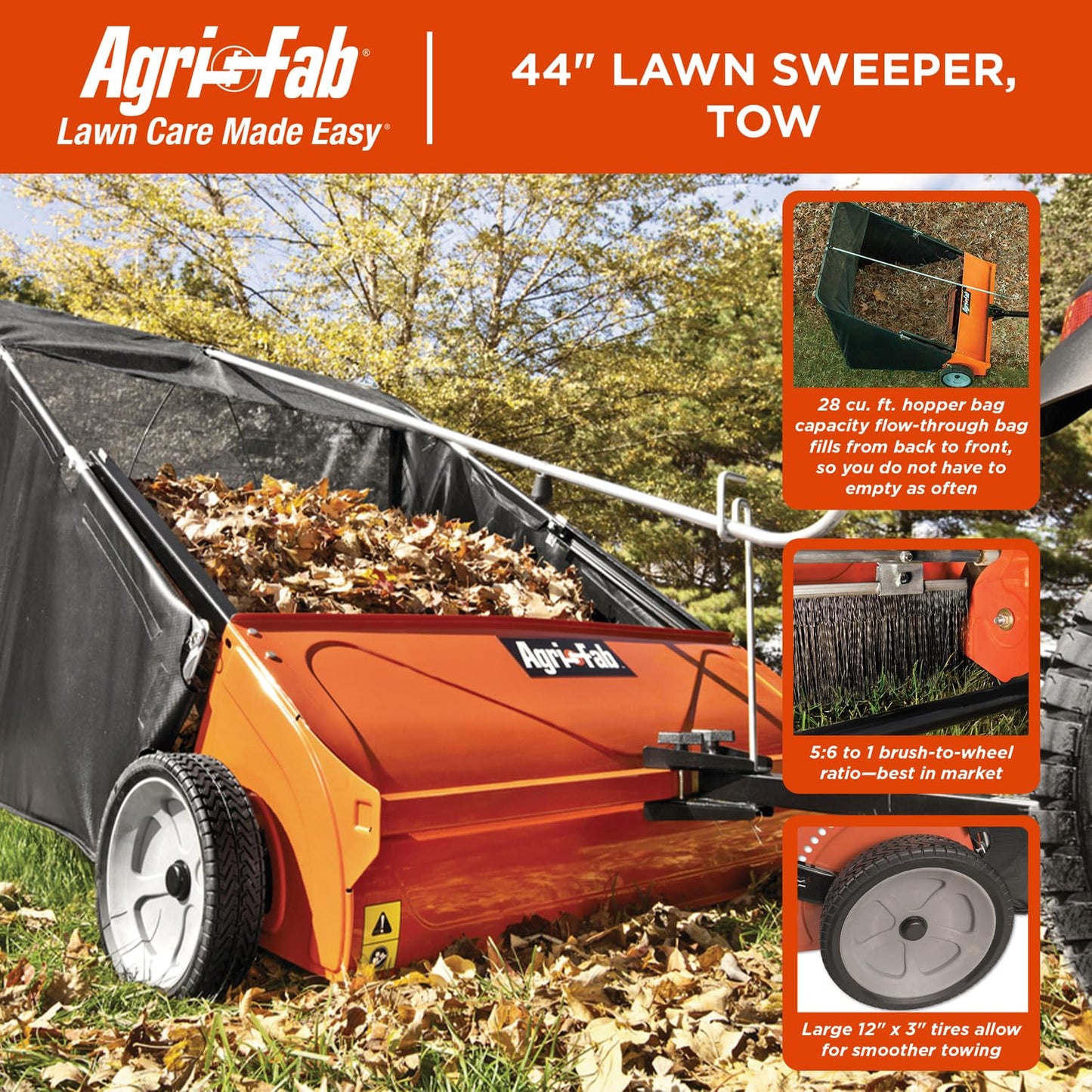 Agri-Fab 44 In Tow-Behind Lawn Sweeper with 28 Cu Ft Flow-Through Hopper Bag, Adjustable Brush Height, and Dump From Seat Handle