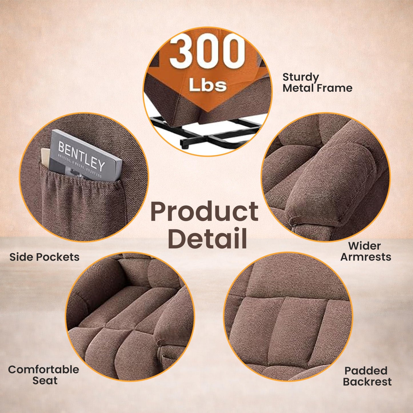 HealSmart Power Lift Recliner Chair with Massage & Heat, Overstuffed Fabric Reclining Chair with Remote, Side Pockets for Living Room & Bedroom, Brown