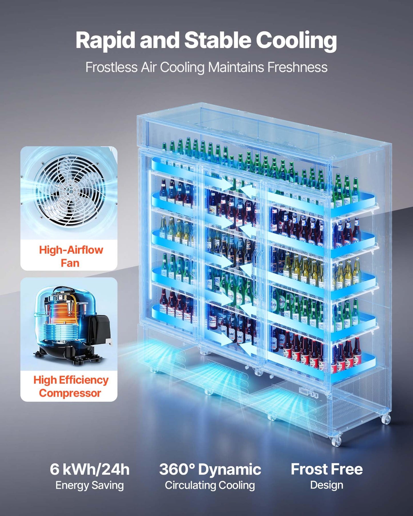 VEVOR Commercial Merchandiser Refrigerator, 54.3 Cu.Ft / 1538L Upright Beverage Cooler, 3 Glass Door Display Refrigerator with Customizable Lightbox, 12 Adjustable Shelves, Soft LED Lighting & Casters