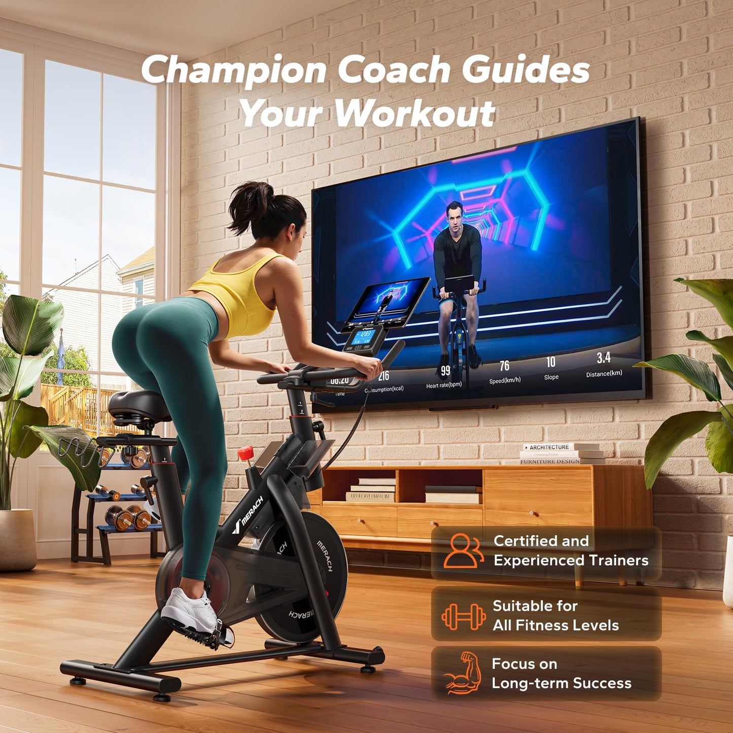 Merach Magnetic Exercise Bike for Home Gym, Low Noise Stationary Bike with Soft Seat Cushion, Indoor Workout Bike with 350 lbs Weight Capacity, Spinning Bike with Self-Developed App, Tablet Mount