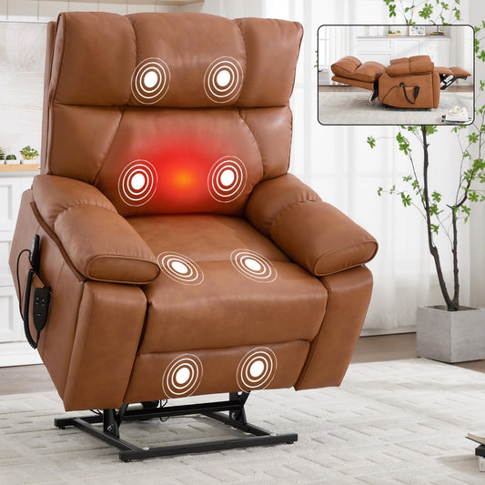 KEIKI Leatheraire Oversized Electric Power Lift Recliner Chair with Heat & Massage, Dual Motor, Infinite Positions, Hidden Cup Holders, Medium-Firm, Heavy Duty Up to 350 lbs, Orange
